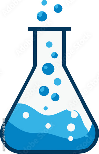 Blue liquid in a laboratory flask with bubbles rising, cartoon style illustration. Vector illustration