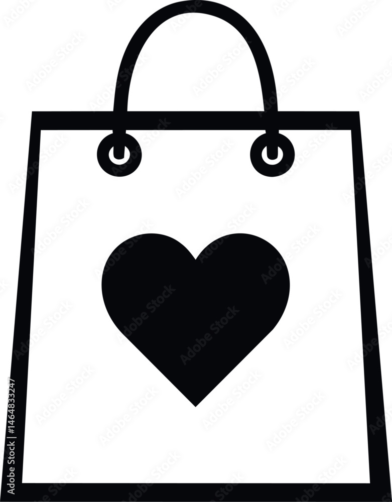 Shopping bag icon with heart symbol in simple black and white design. Vector illustration Shopping bag icon with heart symbol in simple black and white design. Vector illustration