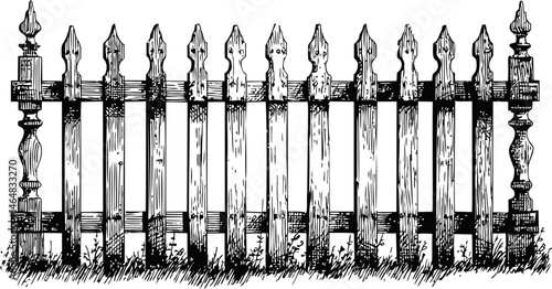 Wooden picket fence illustration with grass and ornate design details. Vector illustration