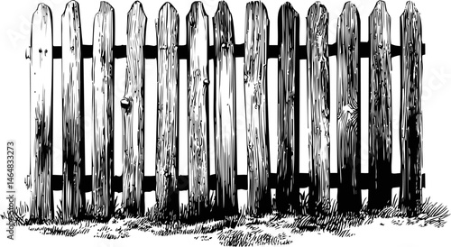 Wooden picket fence illustration in black and white with grass details. Vector illustration