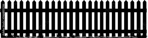 Black silhouette of a wooden picket fence  with grass. Vector illustration