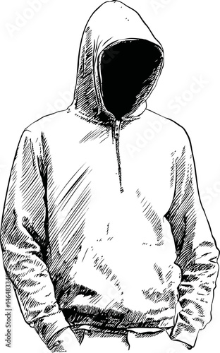Illustration of a person in a hooded sweatshirt with hidden face, black and white sketch. Vector illustration