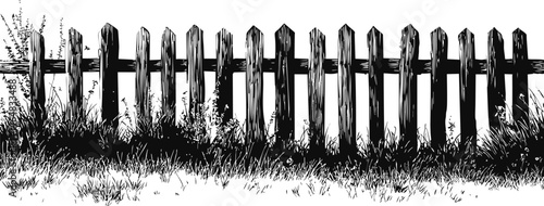 Black and white illustration of a wooden fence and grass with vintage style. Vector illustration