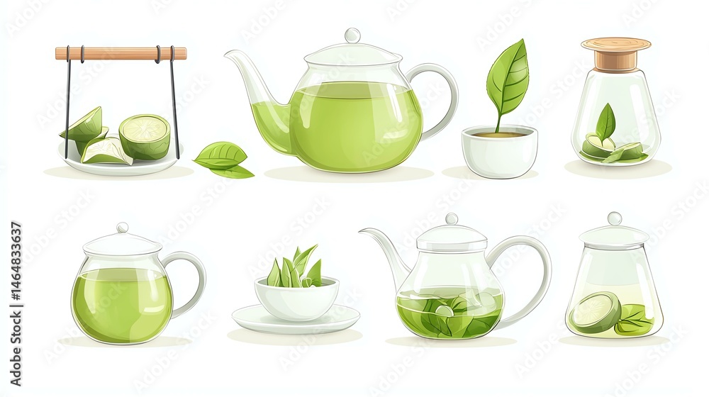 Green tea illustration with teapots and leaves Green tea illustration with teapots and leaves