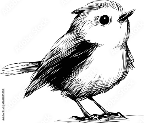 Black and white sketch of a cute bird with detailed feathers and inquisitive pose. Vector illustration