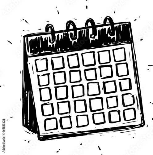 Black and white sketch of a desk calendar with spiral binding, hand-drawn illustration. Vector illustration