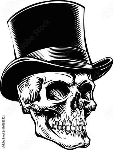 Skull with top hat in black and white artistic illustration. Vector illustration