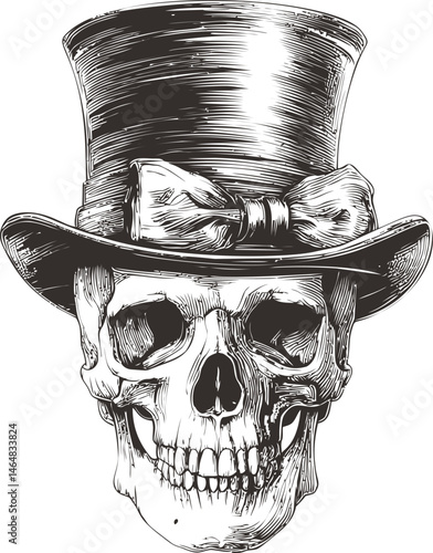 Vintage skull in top hat with bowtie, detailed black and white illustration. Vector illustration
