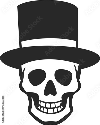 Silhouette of a black skull wearing a top hat with a smiling expression. Vector illustration