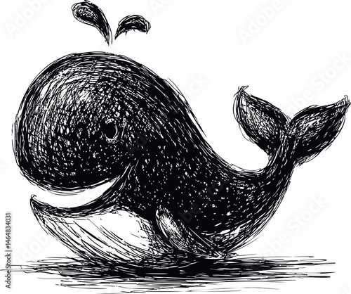 Black and white sketch of a happy whale with water splash, cartoon style drawing. Vector illustration