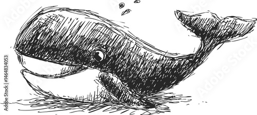 Sketch of a cartoon whale smiling with water splashes surrounding it. Vector illustration