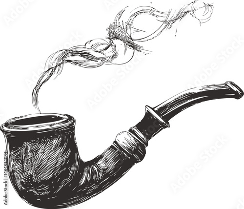 Black and white sketch of a smoking pipe with curling smoke, vintage illustration. Vector illustration