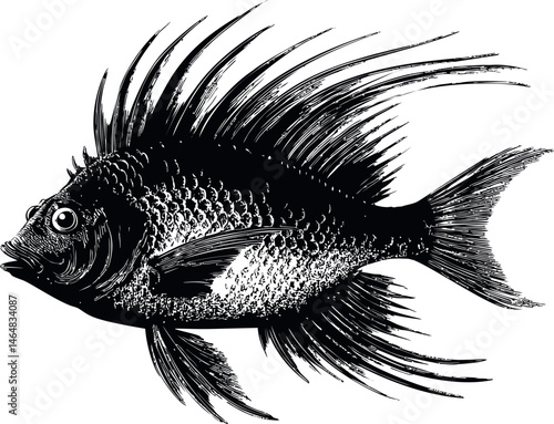 Detailed black and white illustration of a fish with long spiky fins. Vector illustration