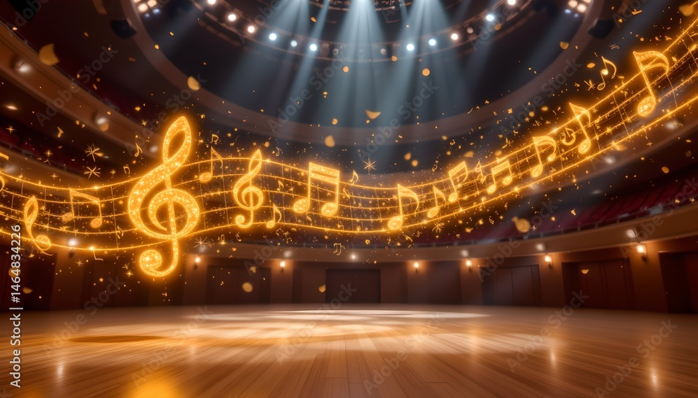 Enchanted Music Stage with Floating Notes and Illuminated Atmosphere in Grand Concert Hall Setting