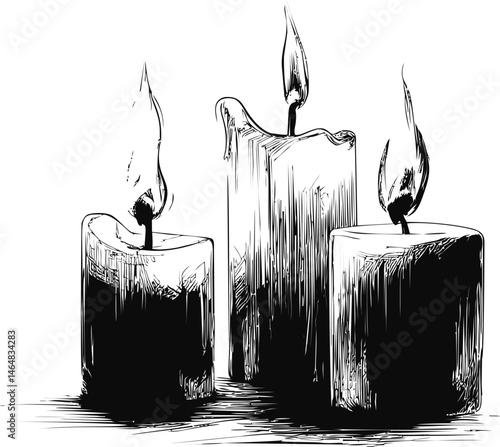 Black and white illustration of three burning candles with detailed flame. Vector illustration
