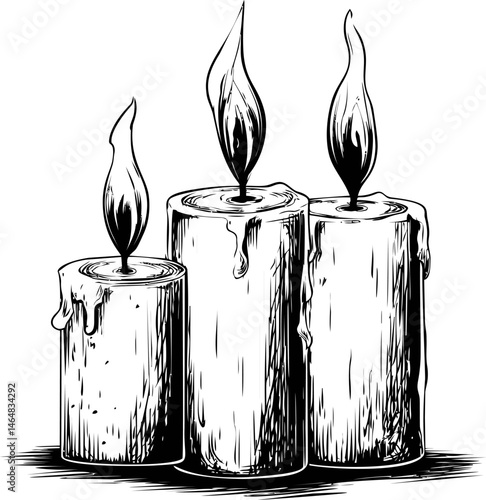 Three sketch candles with melting wax and flames in black and white illustration. Vector illustration
