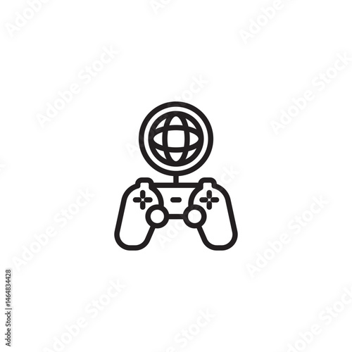 A black and white icon representing global gaming. Two game controllers are positioned below a globe, symbolizing worldwide online multiplayer games.