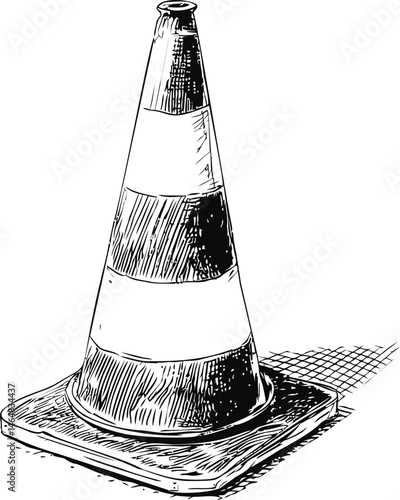 Detailed black and white sketch of a traffic cone illustration. Vector illustration