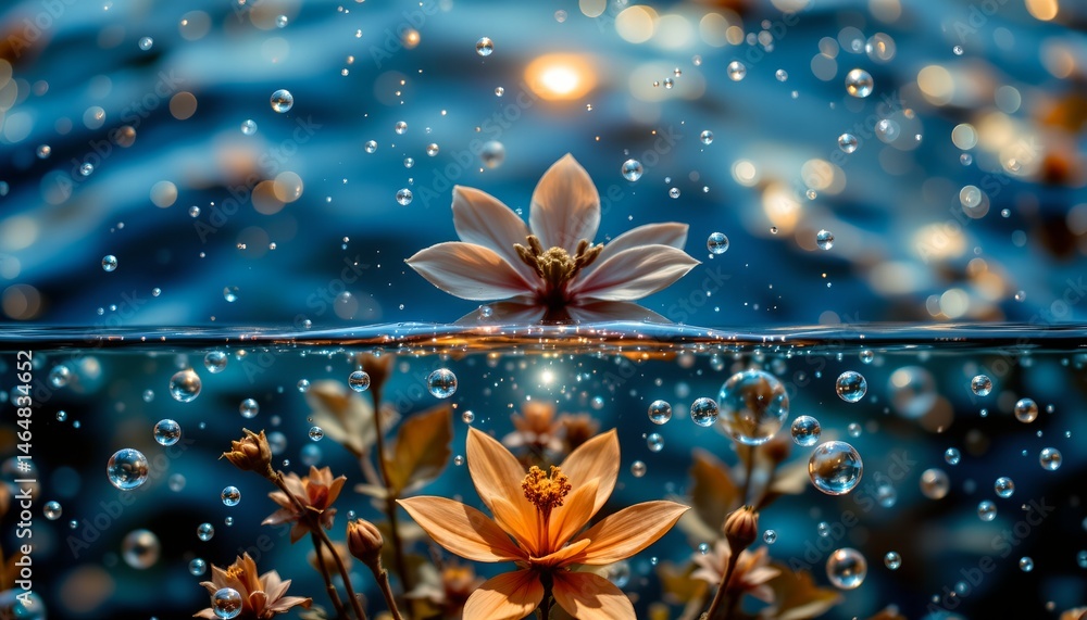 Underwater Blossoms with Bubbles Against a Glimmering Background of Sparkling Water and Flower Petals