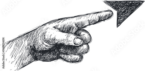 Sketch of a pointing hand with emphasis on direction in black and white drawing. Vector illustration