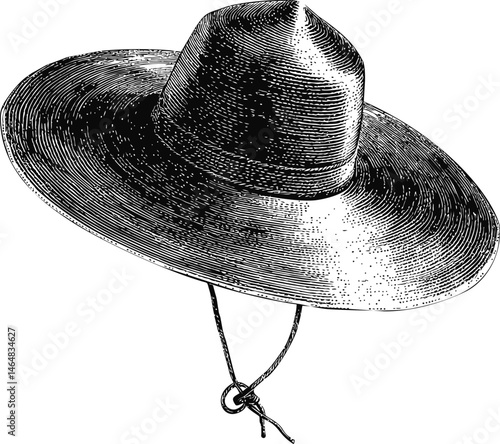 Black and white illustration of a wide-brimmed straw hat with chin strap. Vector illustration