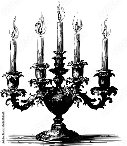 Vintage black and white illustration of ornate candelabra with five burning candles. Vector illustration