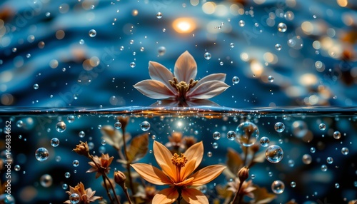 Obraz na płótnie Underwater Blossoms with Bubbles Against a Glimmering Background of Sparkling Water and Flower Petals w salonie