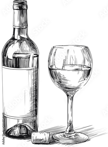 Sketch of a wine bottle and glass with cork in black and white drawing style. Vector illustration