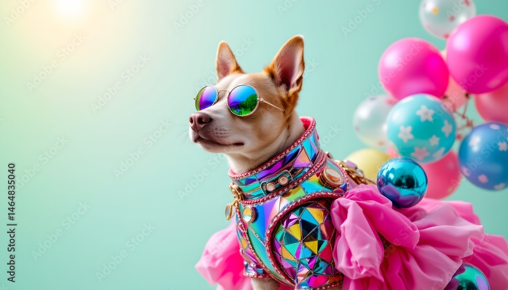 Fashionable Dog in Colorful Costume with Sunglasses Surrounded by Balloons Against a Soft Pastel Background