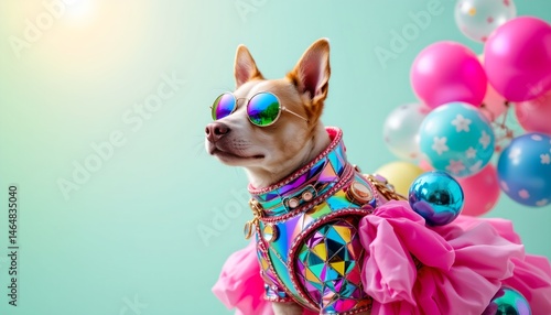 Obraz na płótnie Fashionable Dog in Colorful Costume with Sunglasses Surrounded by Balloons Against a Soft Pastel Background w salonie
