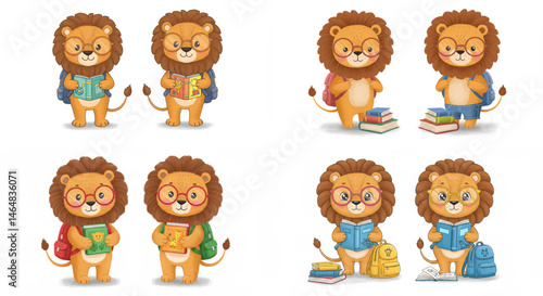 Cartoon Adorable Lion Cubs Studying - Eight cute cartoon lion cubs in glasses, with backpacks and books, ready for school. Perfect for educational materials