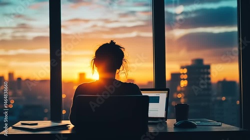 Silhouette of a woman working on a laptop at sunset with city views background