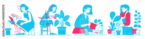 Modern Minimalist Illustrations of Plant Care and Watering Activities