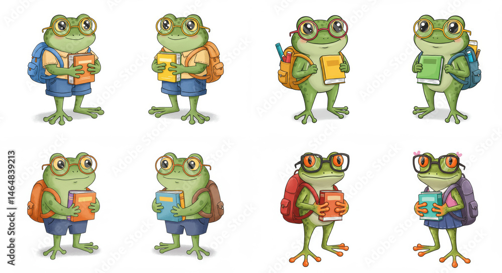 Fototapeta premium Cartoon Smart Frogs Going To School - Six adorable frogs, wearing glasses and backpacks, carry books, symbolizing education, knowledge, learning, friendship, and childhood