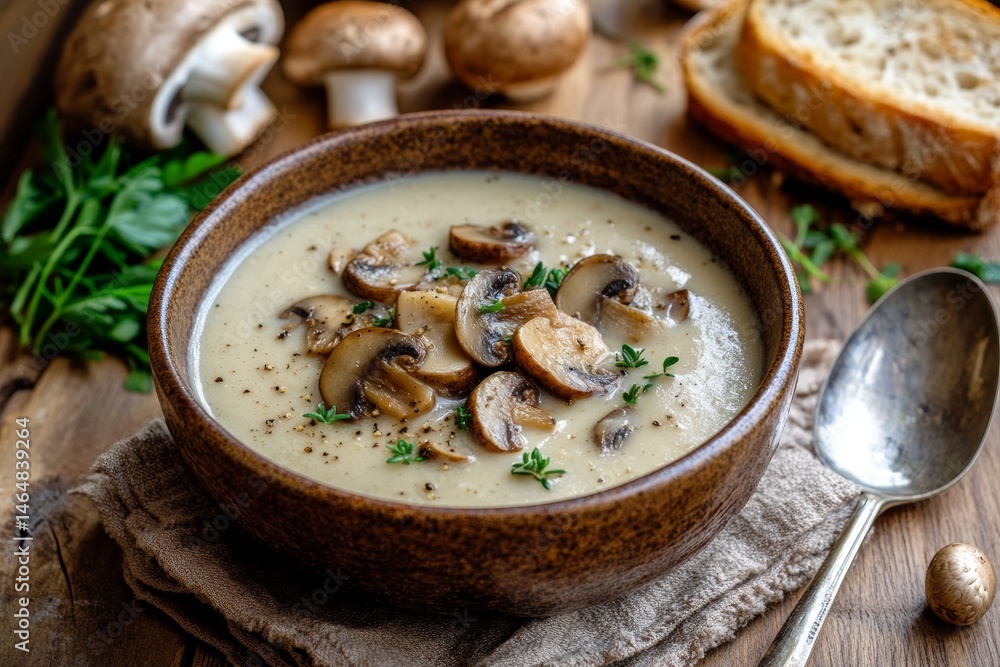 Cozy Presentation of a Velvety Rustic Mushroom Soup in a Charming Ceramic Bowl Cozy Presentation of a Velvety Rustic Mushroom Soup in a Charming Ceramic Bowl