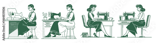 Vintage Seamstress Illustrations in Flat Modern Minimalist Style