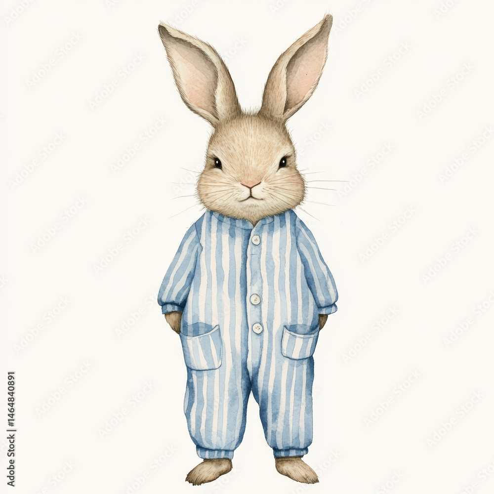 Obraz premium Cute Bunny in Blue Striped Pajamas. A watercolor illustration depicts a cute bunny in blue striped pajamas, suitable for t-shirt designs.