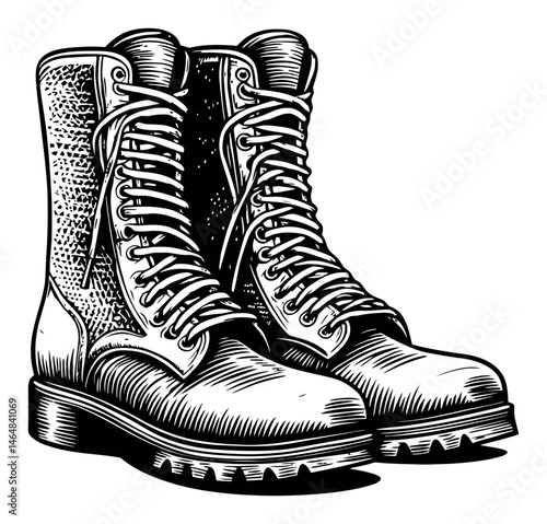 Detailed Engraving of Classic Military Style Boots in Black and White