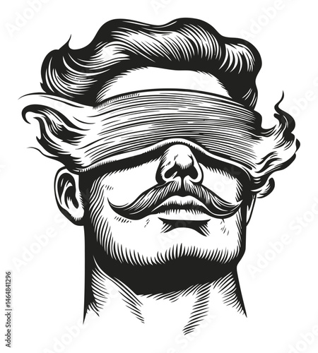 Vintage Style Engraved Man with Blindfold and Stylish Mustache