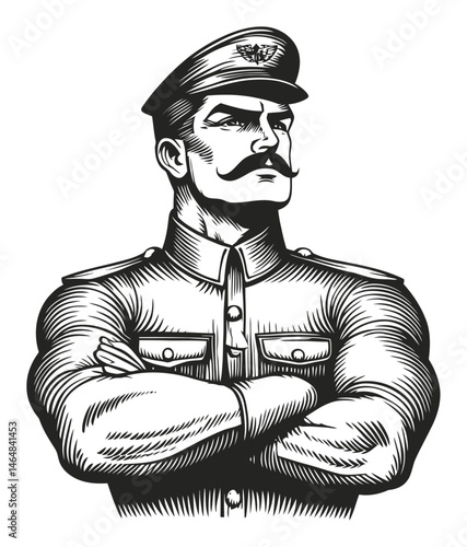 Vintage Military Officer Engraving with Strong Stature and Style
