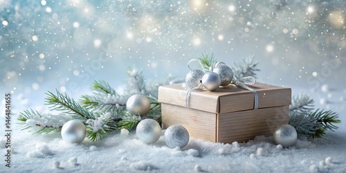 A thoughtfully wrapped gift rests amidst a snowy winter scene, adorned with sparkling ornaments and glistening evergreen branches, evoking a feeling of serene winter holiday cheer.