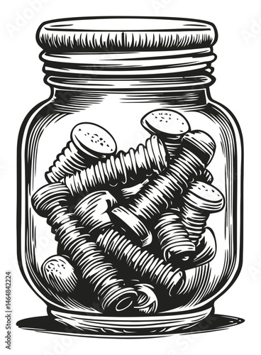Vintage Engraving of a Jar Filled with Wood Screws in Line Art Style