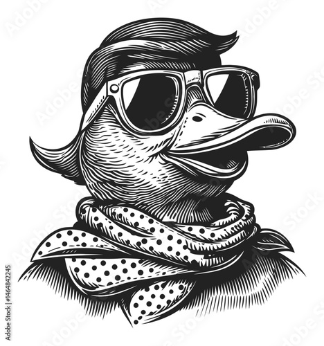 Stylish Duck with Sunglasses and Scarf in Engraving Style Design