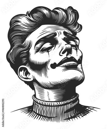 Vintage Artistic Engraving of a Melancholic Clown in Profile