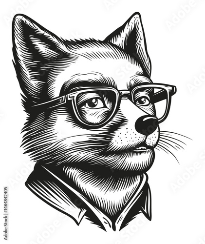 Clever Fox Character with Glasses and Shirt in Engraving Style