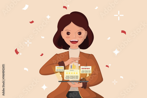 Woman joyfully presenting glowing customer feedback and high ratings with celebratory confetti.