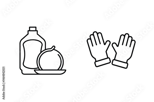 Cleaning supplies icon set illustrating dish soap onion and rubber gloves in black and white