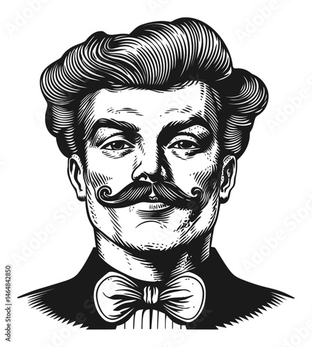 Vintage Engraving of a Man with Stylish Mustache and Bow Tie