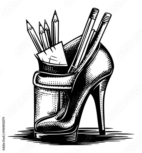 Elegant High Heel Shoe Holder with Drawing Tools and Art Supplies