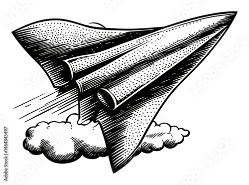 Vintage Engraving of a Rocket Flying Through the Clouds in Art Style